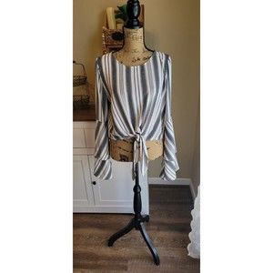 Altar'd  State Small Blouse White Stripe Long Bell Sleeve Tie Front Top Sz S